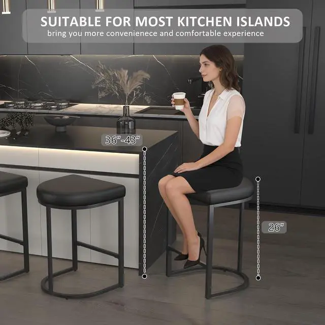 Alt view image 5 of 7 - Bar Stools Set of 2, 26 Inch Counter Height Stools, PU Leather Upholstered Bar Chairs with Metal Frame, Modern Bar Stools for Kitchen Island, Dining, Living Room, Black