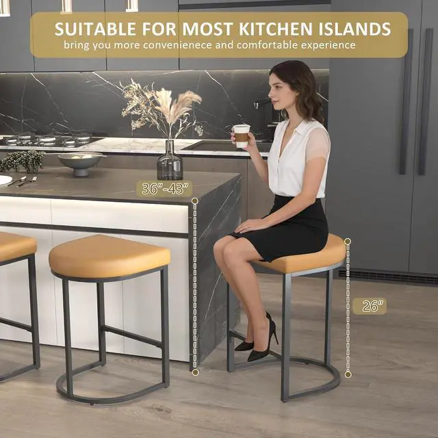 Alt view image 3 of 7 - Bar Stools Set of 6, 26 Inch Counter Height Stools, PU Leather Upholstered Bar Chairs with Metal Frame, Modern Bar Stools for Kitchen Island, Dining, Living Room, Brown