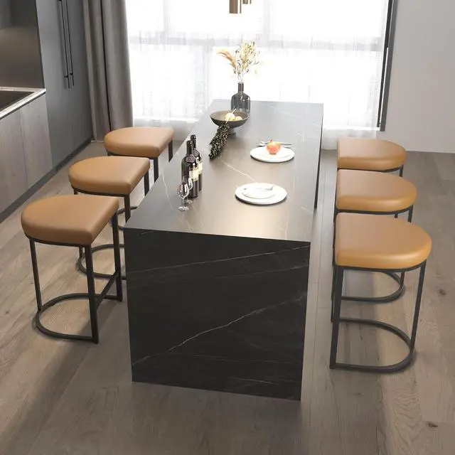 Main image of Bar Stools Set of 6, 26 Inch Counter Height Stools, PU Leather Upholstered Bar Chairs with Metal Frame, Modern Bar Stools for Kitchen Island, Dining, Living Room, Brown