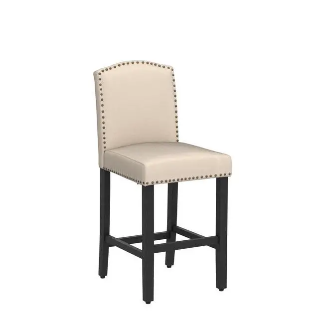 Alt view image 5 of 7 - Counter Height Bar Stool 26 Inches Upholstered High Back Barstool with Antique Nail Heads Solid Wood Set of 4 Counter Height Bar Chairs,Beige