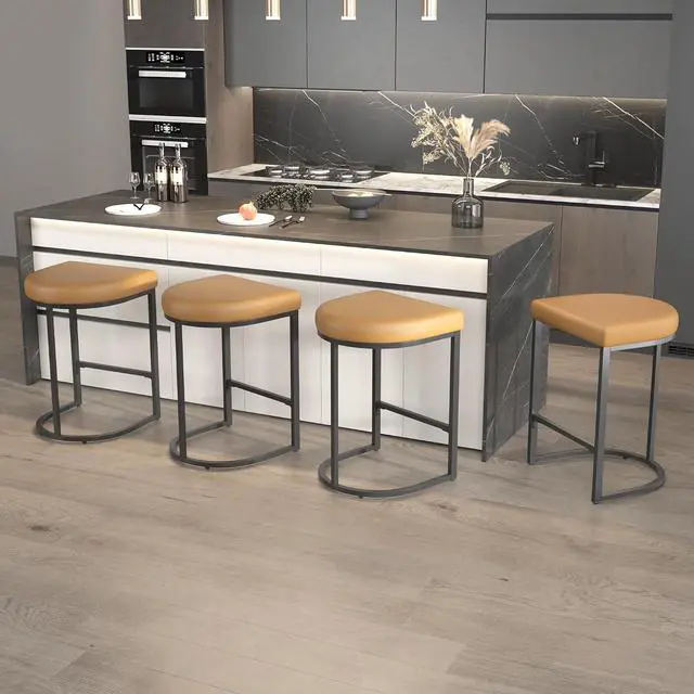 Alt view image 6 of 7 - Bar Stools Set of 2, 26 Inch Counter Height Stools, PU Leather Upholstered Bar Chairs with Metal Frame, Modern Bar Stools for Kitchen Island, Dining, Living Room, Brown