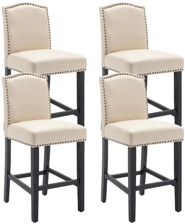 Main image of Counter Height Bar Stool 26 Inches Upholstered High Back Barstool with Antique Nail Heads Solid Wood Set of 4 Counter Height Bar Chairs,Beige