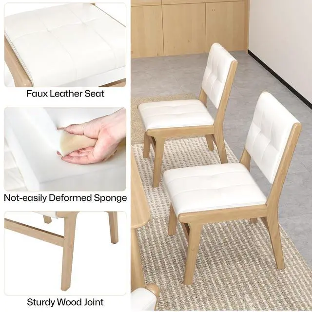Alt view image 7 of 7 - Modern PU Leather Dining Chairs Set of 2, Upholstered Kitchen Chairs with Solid Wood Legs and Comfortable Seat for Dining Room Lounge Bedroom(White)