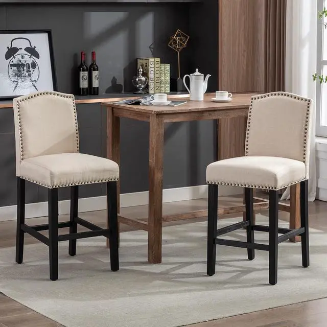 Main image of Counter Height Bar Stool 26 Inches Upholstered High Back Barstool with Antique Nail Heads Solid Wood Set of 2 Counter Height Bar Chairs,Beige