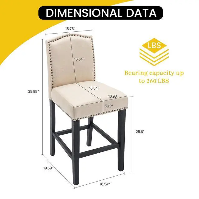Alt view image 2 of 7 - Counter Height Bar Stool 26 Inches Upholstered High Back Barstool with Antique Nail Heads Solid Wood Set of 2 Counter Height Bar Chairs,Beige