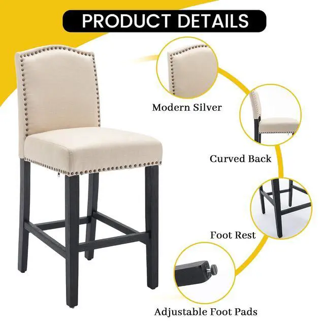 Alt view image 3 of 7 - Counter Height Bar Stool 26 Inches Upholstered High Back Barstool with Antique Nail Heads Solid Wood Set of 2 Counter Height Bar Chairs,Beige