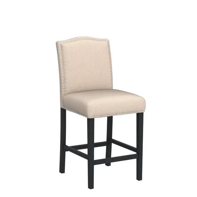 Alt view image 4 of 7 - Counter Height Bar Stool 26 Inches Upholstered High Back Barstool with Antique Nail Heads Solid Wood Set of 2 Counter Height Bar Chairs,Beige