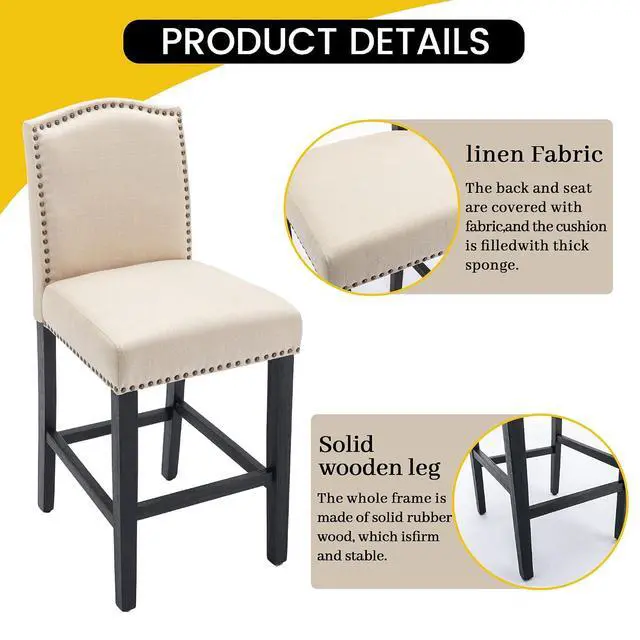 Alt view image 5 of 7 - Counter Height Bar Stool 26 Inches Upholstered High Back Barstool with Antique Nail Heads Solid Wood Set of 2 Counter Height Bar Chairs,Beige