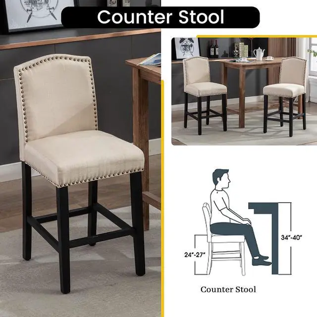 Alt view image 6 of 7 - Counter Height Bar Stool 26 Inches Upholstered High Back Barstool with Antique Nail Heads Solid Wood Set of 2 Counter Height Bar Chairs,Beige