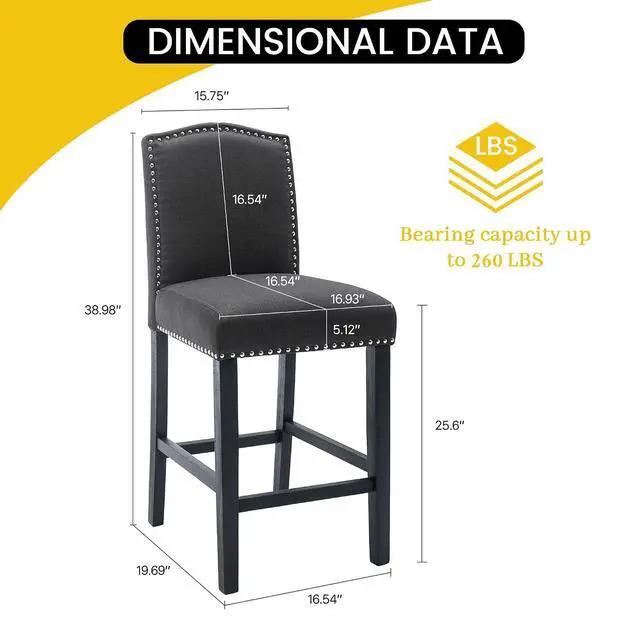 Alt view image 2 of 7 - Counter Height Bar Stool 26 Inches Upholstered High Back Barstool with Antique Nail Heads Solid Wood Set of 2 Counter Height Bar Chairs,Gray