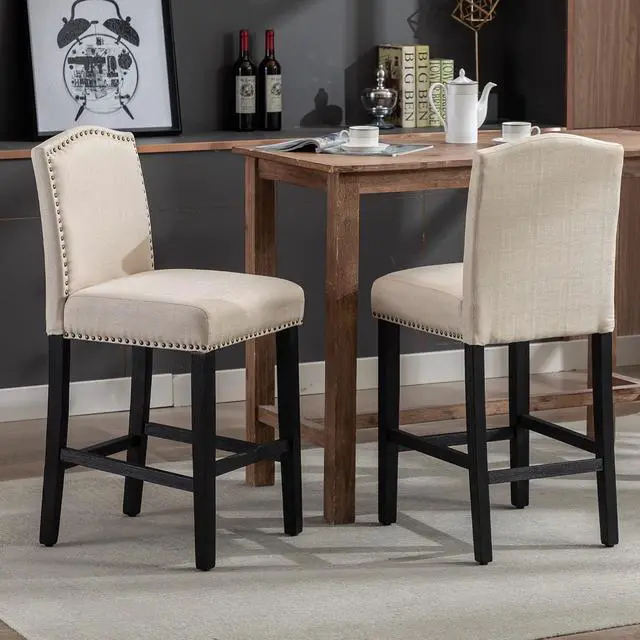 Alt view image 7 of 7 - Counter Height Bar Stool 26 Inches Upholstered High Back Barstool with Antique Nail Heads Solid Wood Set of 2 Counter Height Bar Chairs,Beige