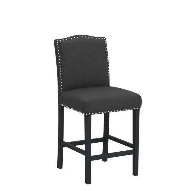 Alt view image 4 of 7 - Counter Height Bar Stool 26 Inches Upholstered High Back Barstool with Antique Nail Heads Solid Wood Set of 2 Counter Height Bar Chairs,Gray