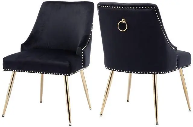 Main image of Velvet Dining Room Chairs Set of 2 Nailhead Back Ring Pull Trim with Gold Legs for Kitchen Living Room(Black)