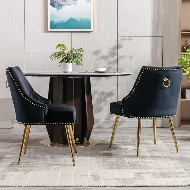 Alt view image 2 of 7 - Velvet Dining Room Chairs Set of 2 Nailhead Back Ring Pull Trim with Gold Legs for Kitchen Living Room(Black)