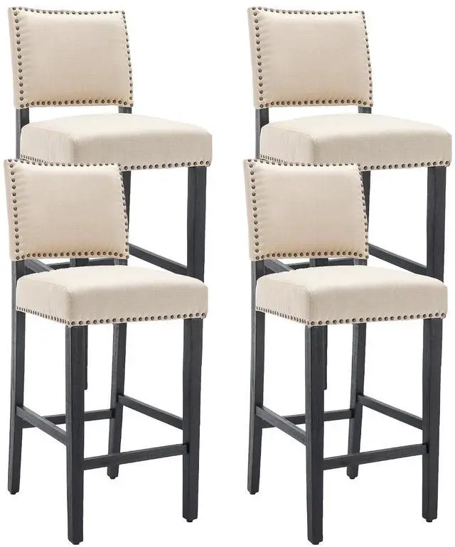 Main image of 29 Inches Bar Stools Set of 4 Upholstered Bar Chair for Kitchen Islands Nail Head Trim, Beige