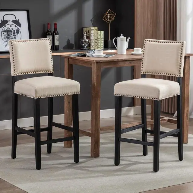 Alt view image 2 of 7 - 29 Inches Bar Stools Set of 4 Upholstered Bar Chair for Kitchen Islands Nail Head Trim, Beige