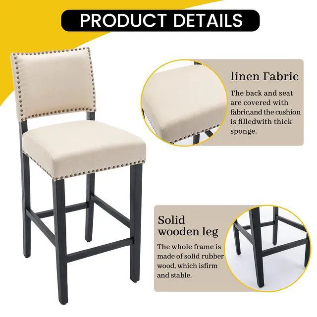 Alt view image 4 of 7 - 29 Inches Bar Stools Set of 4 Upholstered Bar Chair for Kitchen Islands Nail Head Trim, Beige