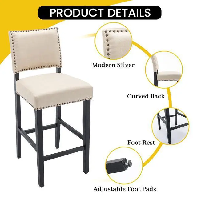 Alt view image 5 of 7 - 29 Inches Bar Stools Set of 4 Upholstered Bar Chair for Kitchen Islands Nail Head Trim, Beige