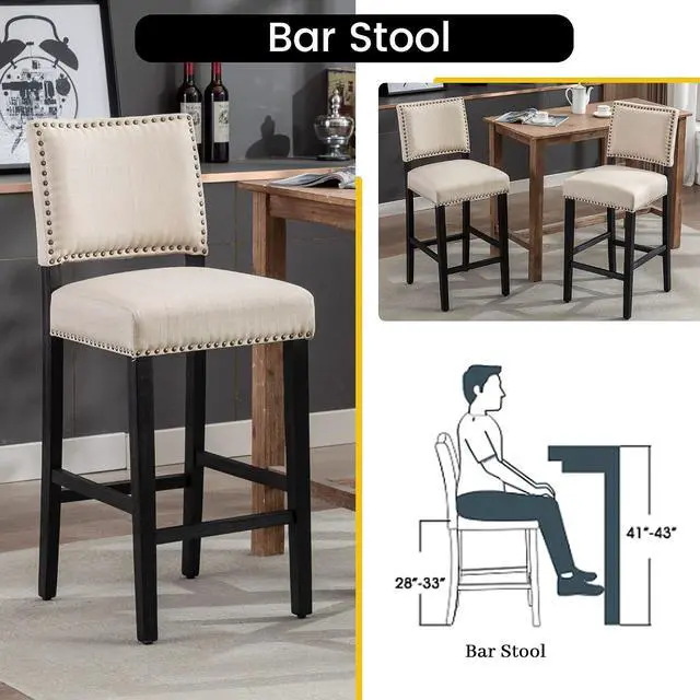 Alt view image 6 of 7 - 29 Inches Bar Stools Set of 4 Upholstered Bar Chair for Kitchen Islands Nail Head Trim, Beige