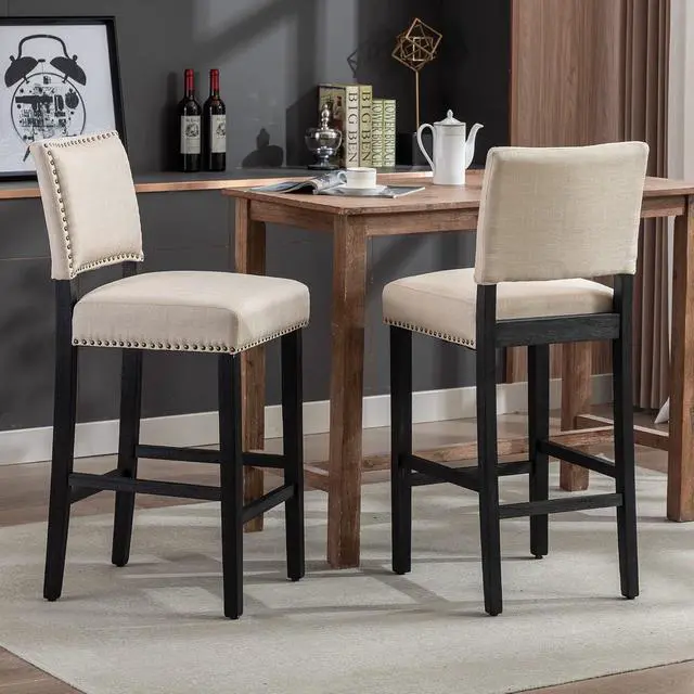 Alt view image 7 of 7 - 29 Inches Bar Stools Set of 4 Upholstered Bar Chair for Kitchen Islands Nail Head Trim, Beige