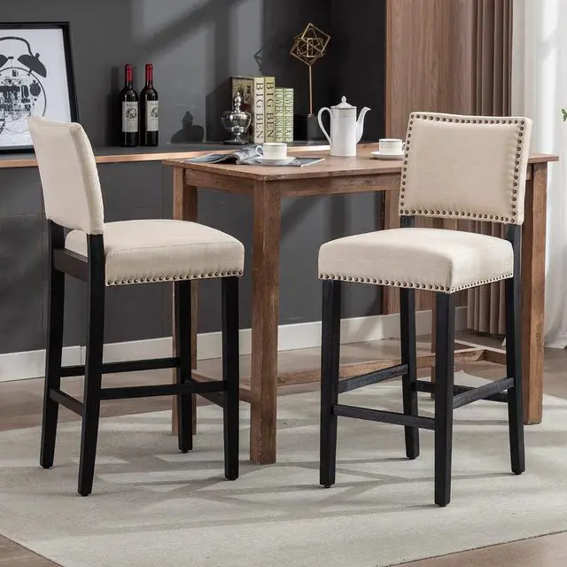 Alt view image 7 of 7 - 29 Inches Bar Stools Set of 2 Upholstered Bar Chair for Kitchen Islands Nail Head Trim, Beige