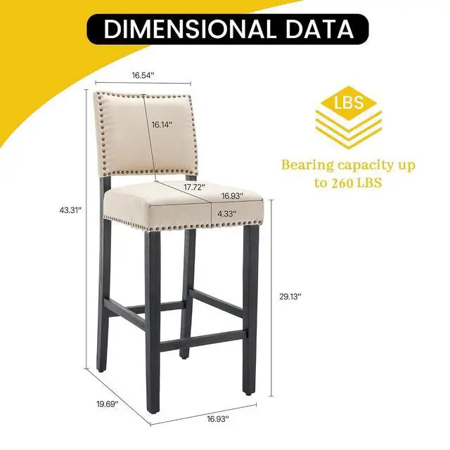 Alt view image 3 of 7 - 29 Inches Bar Stools Set of 4 Upholstered Bar Chair for Kitchen Islands Nail Head Trim, Beige