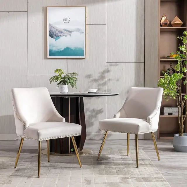 Alt view image 2 of 7 - Velvet Dining Room Chairs Set of 6 Nailhead Back Ring Pull Trim with Gold Legs for Kitchen Living Room(Beige)