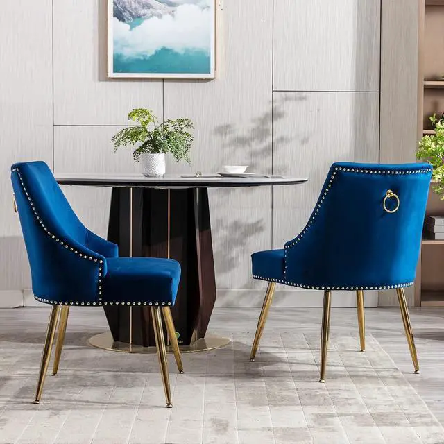Alt view image 2 of 7 - Velvet Dining Room Chairs Set of 2 Nailhead Back Ring Pull Trim with Gold Legs for Kitchen Living Room(Blue)