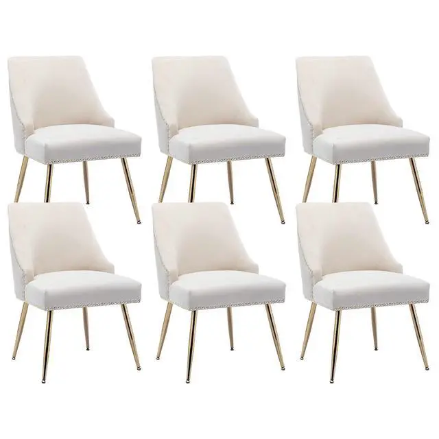 Main image of Velvet Dining Room Chairs Set of 6 Nailhead Back Ring Pull Trim with Gold Legs for Kitchen Living Room(Beige)