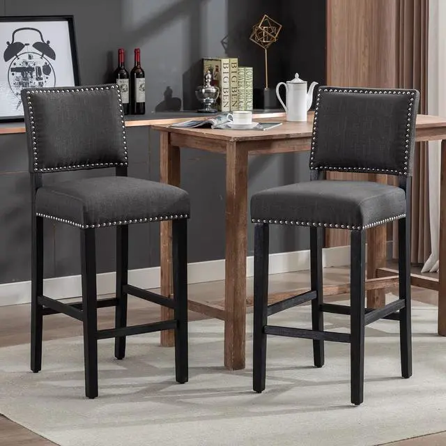 Main image of 29 Inches Bar Stools Set of 2 Upholstered Bar Chair for Kitchen Islands Nail Head Trim, Gray