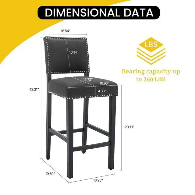 Alt view image 2 of 7 - 29 Inches Bar Stools Set of 2 Upholstered Bar Chair for Kitchen Islands Nail Head Trim, Gray