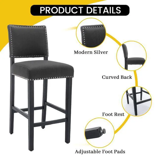Alt view image 3 of 7 - 29 Inches Bar Stools Set of 2 Upholstered Bar Chair for Kitchen Islands Nail Head Trim, Gray