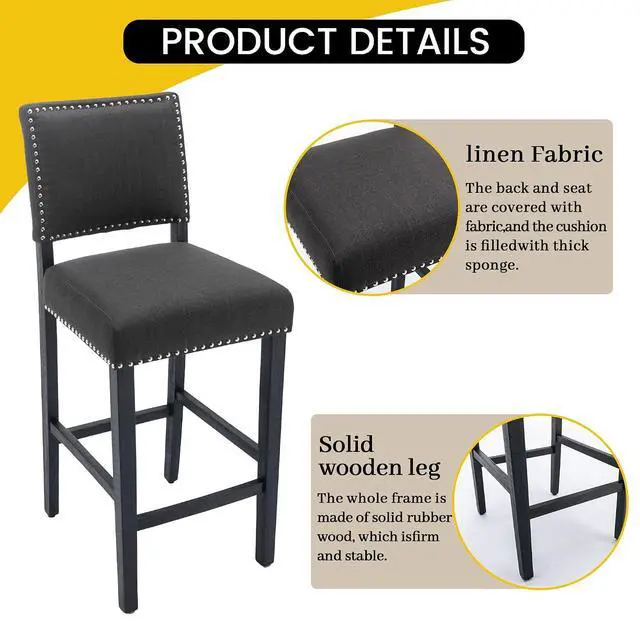 Alt view image 4 of 7 - 29 Inches Bar Stools Set of 2 Upholstered Bar Chair for Kitchen Islands Nail Head Trim, Gray