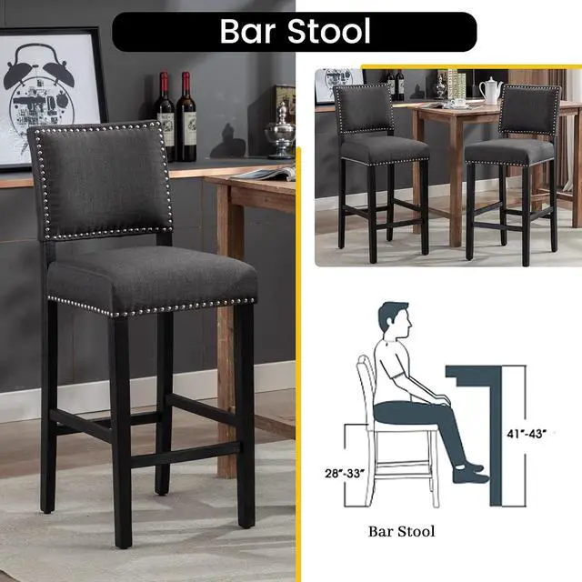 Alt view image 5 of 7 - 29 Inches Bar Stools Set of 2 Upholstered Bar Chair for Kitchen Islands Nail Head Trim, Gray