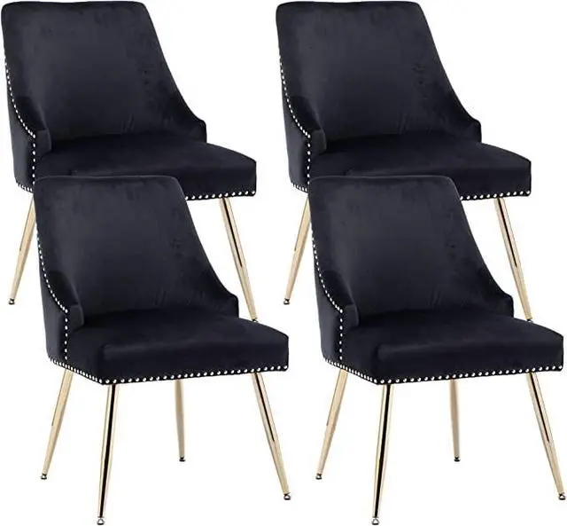 Main image of Velvet Dining Room Chairs Set of 4 Nailhead Back Ring Pull Trim with Gold Legs for Kitchen Living Room(Black)