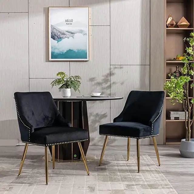 Alt view image 2 of 7 - Velvet Dining Room Chairs Set of 4 Nailhead Back Ring Pull Trim with Gold Legs for Kitchen Living Room(Black)