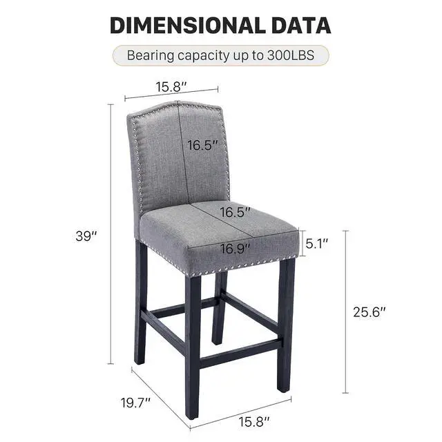Alt view image 2 of 7 - Counter Height Bar Stool 26 Inches Upholstered High Back Barstool with Antique Nail Heads Solid Wood Set of 2 Counter Height Bar Chairs,Light Grey