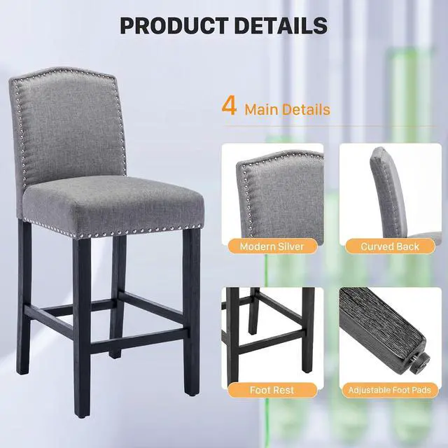 Alt view image 3 of 7 - Counter Height Bar Stool 26 Inches Upholstered High Back Barstool with Antique Nail Heads Solid Wood Set of 2 Counter Height Bar Chairs,Light Grey