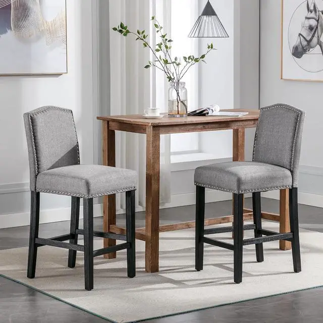 Main image of Counter Height Bar Stool 26 Inches Upholstered High Back Barstool with Antique Nail Heads Solid Wood Set of 2 Counter Height Bar Chairs,Light Grey