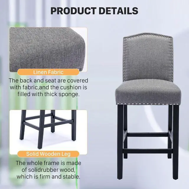 Alt view image 4 of 7 - Counter Height Bar Stool 26 Inches Upholstered High Back Barstool with Antique Nail Heads Solid Wood Set of 2 Counter Height Bar Chairs,Light Grey