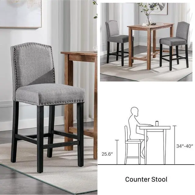 Alt view image 5 of 7 - Counter Height Bar Stool 26 Inches Upholstered High Back Barstool with Antique Nail Heads Solid Wood Set of 2 Counter Height Bar Chairs,Light Grey
