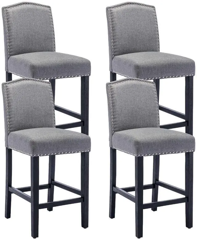 Main image of Counter Height Bar Stool 26 Inches Upholstered High Back Barstool with Antique Nail Heads Solid Wood Set of 4 Counter Height Bar Chairs,Light Grey