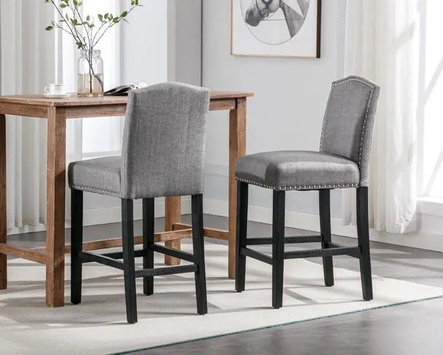 Alt view image 7 of 7 - Counter Height Bar Stool 26 Inches Upholstered High Back Barstool with Antique Nail Heads Solid Wood Set of 2 Counter Height Bar Chairs,Light Grey