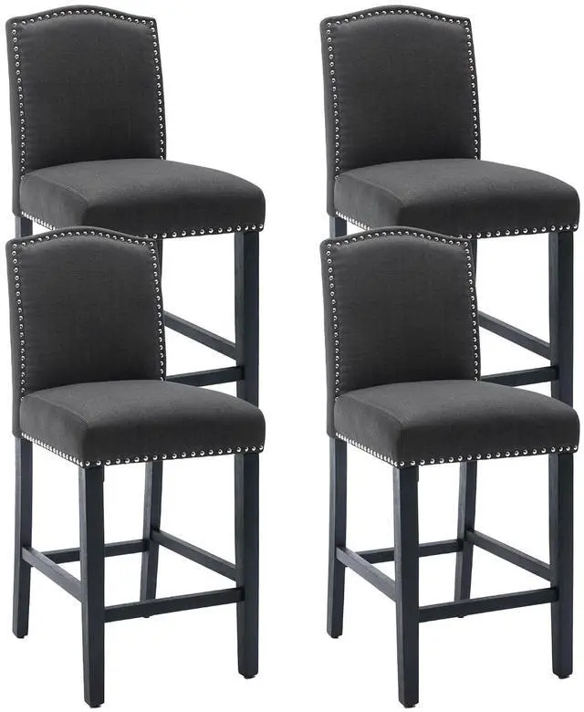 Main image of Counter Height Bar Stool 26 Inches Upholstered High Back Barstool with Antique Nail Heads Solid Wood Set of 4 Counter Height Bar Chairs,Gray
