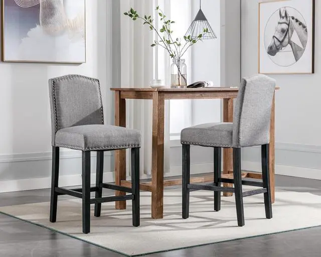 Alt view image 6 of 7 - Counter Height Bar Stool 26 Inches Upholstered High Back Barstool with Antique Nail Heads Solid Wood Set of 2 Counter Height Bar Chairs,Light Grey