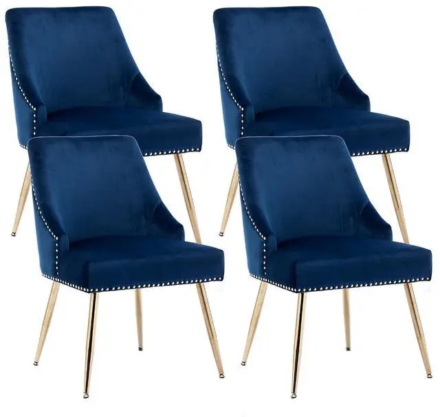 Main image of Velvet Dining Room Chairs Set of 4 Nailhead Back Ring Pull Trim with Gold Legs for Kitchen Living Room(Blue)
