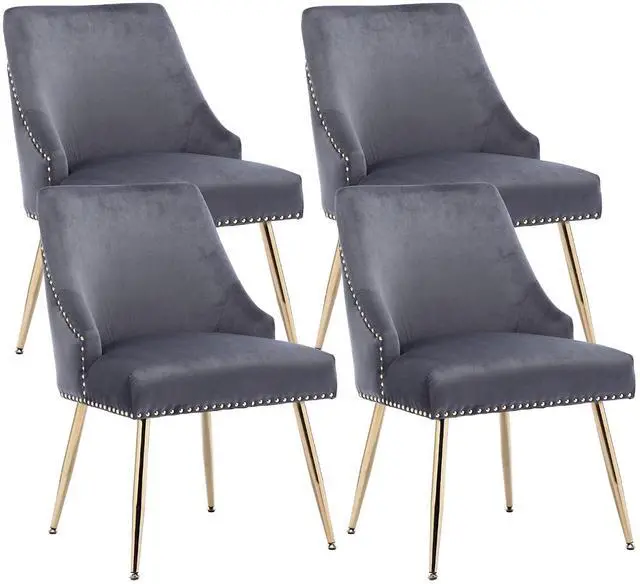 Main image of Velvet Dining Room Chairs Set of 4 Nailhead Back Ring Pull Trim with Gold Legs for Kitchen Living Room(Grey)