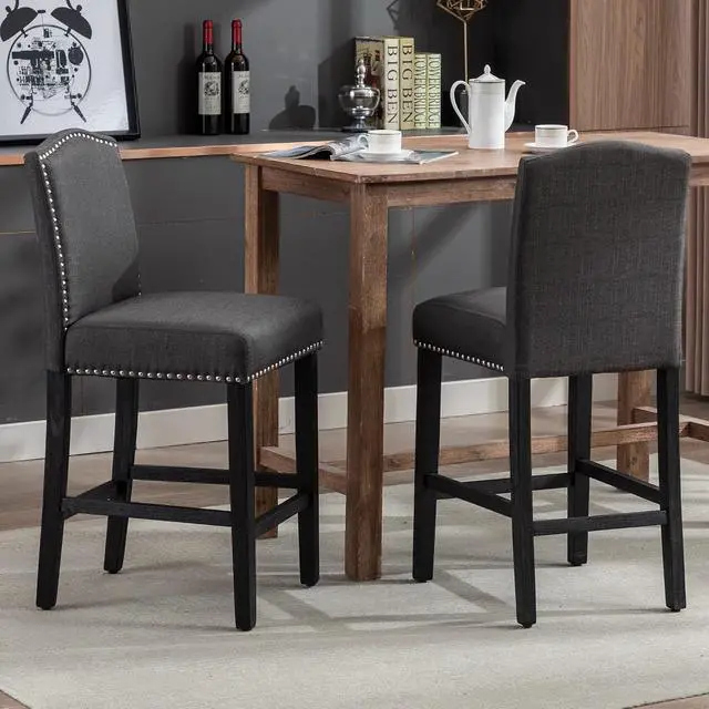 Alt view image 7 of 7 - Counter Height Bar Stool 26 Inches Upholstered High Back Barstool with Antique Nail Heads Solid Wood Set of 4 Counter Height Bar Chairs,Gray