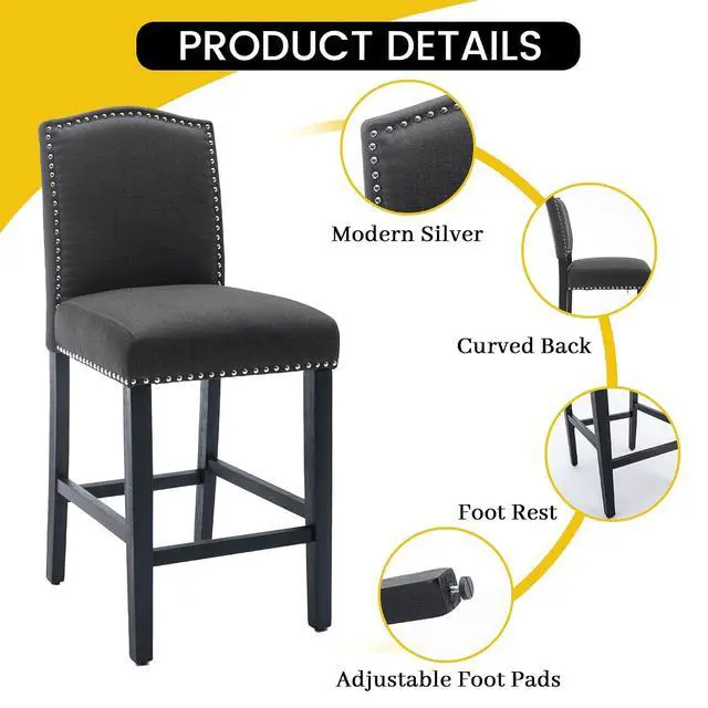 Alt view image 4 of 7 - Counter Height Bar Stool 26 Inches Upholstered High Back Barstool with Antique Nail Heads Solid Wood Set of 4 Counter Height Bar Chairs,Gray