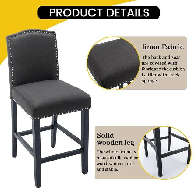 Alt view image 5 of 7 - Counter Height Bar Stool 26 Inches Upholstered High Back Barstool with Antique Nail Heads Solid Wood Set of 4 Counter Height Bar Chairs,Gray